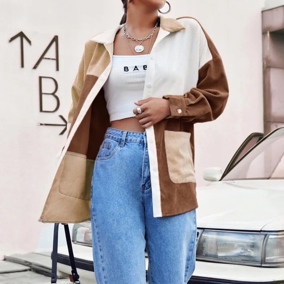 Brown and White Corduroy Collared Button Down Shirt | Brand New Size M - Picture 2 of 4